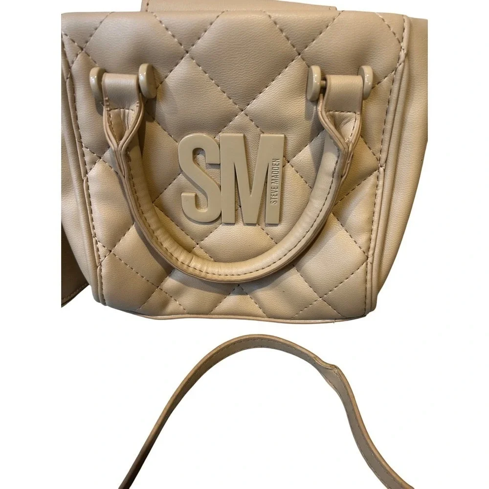 Steve Madden SM Quilted Satchel Bag Purse‎ Top Handle Crossbody Beige